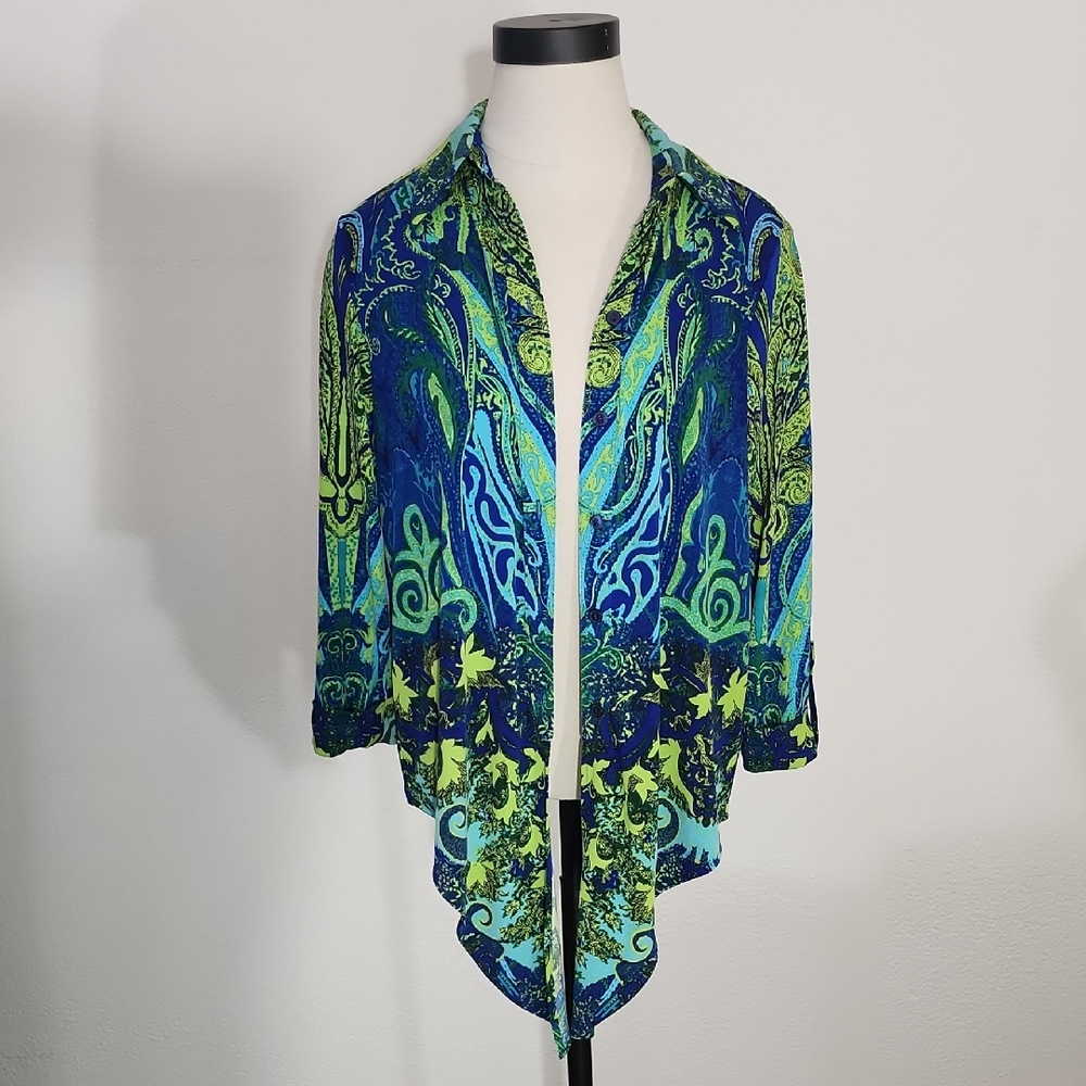 Nygard Shirt Paisley Abstract Button Down Tie Front Long Sleeve Blue Size PM - Picture 5 of 13